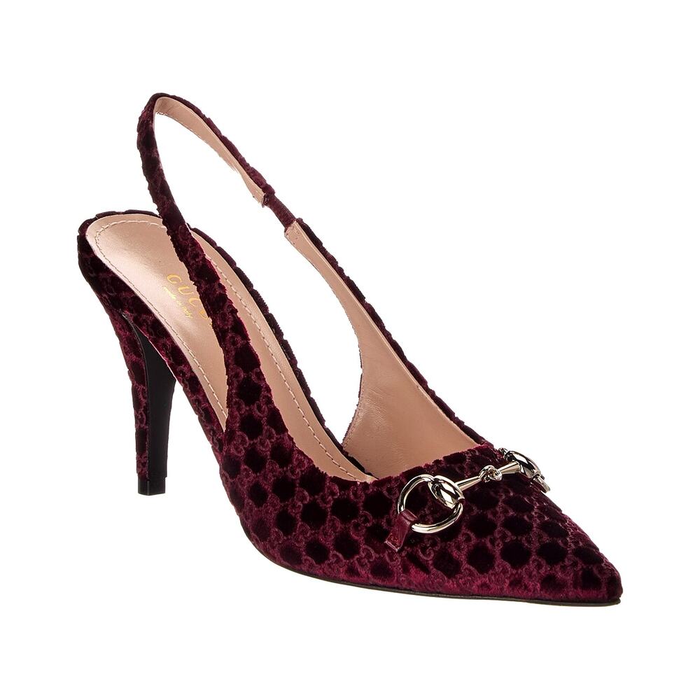 NEW Gucci Horsebit GG Velvet Slingback Pump Pointed Toe Kitten Heel 38.5 US 8.5